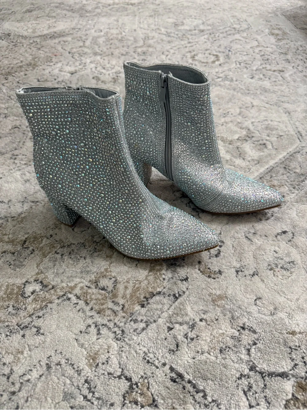 Women’s Sparkly Silver Rhinestone Ankle Boots Block Heel Pointed Toe